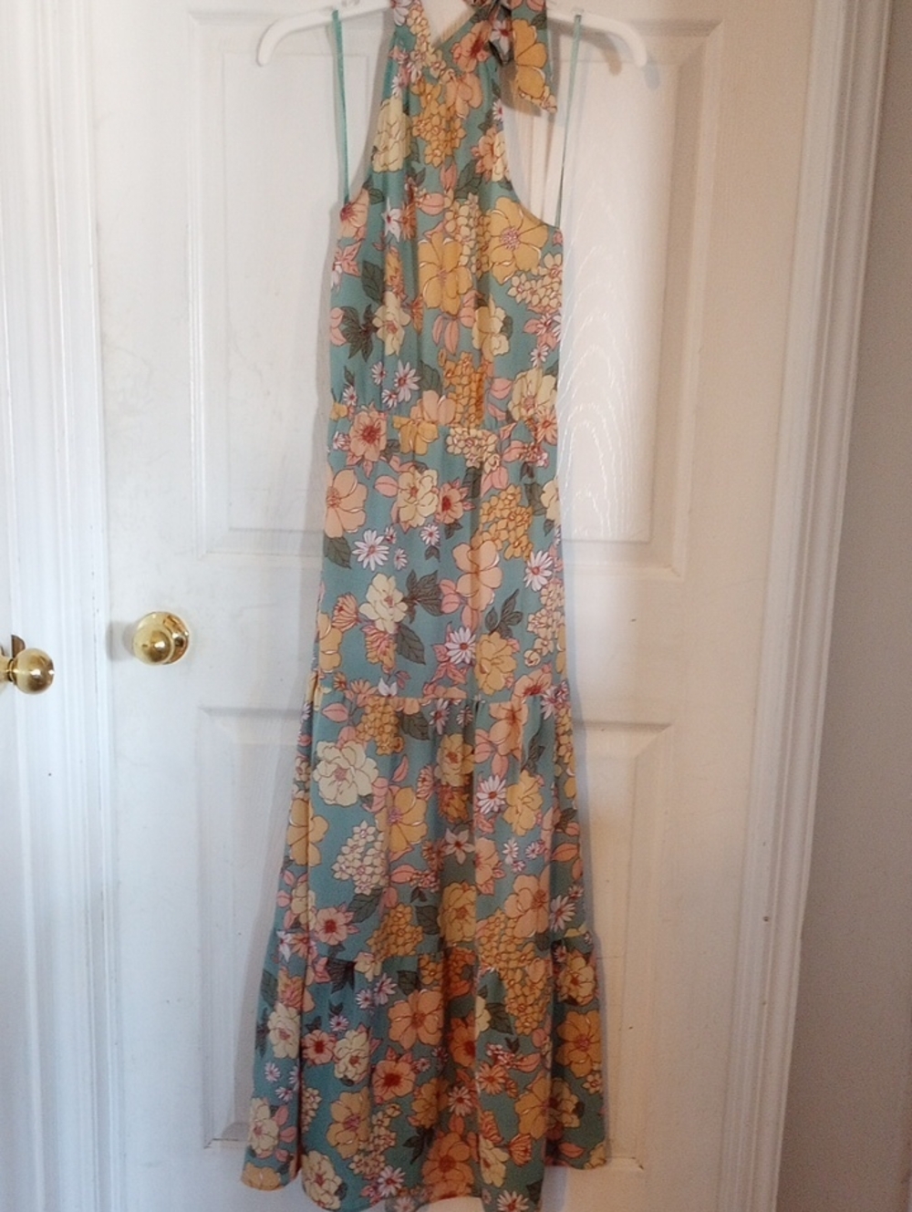 Monteau Floral Halter Maxi Dress in Sage and Yellow